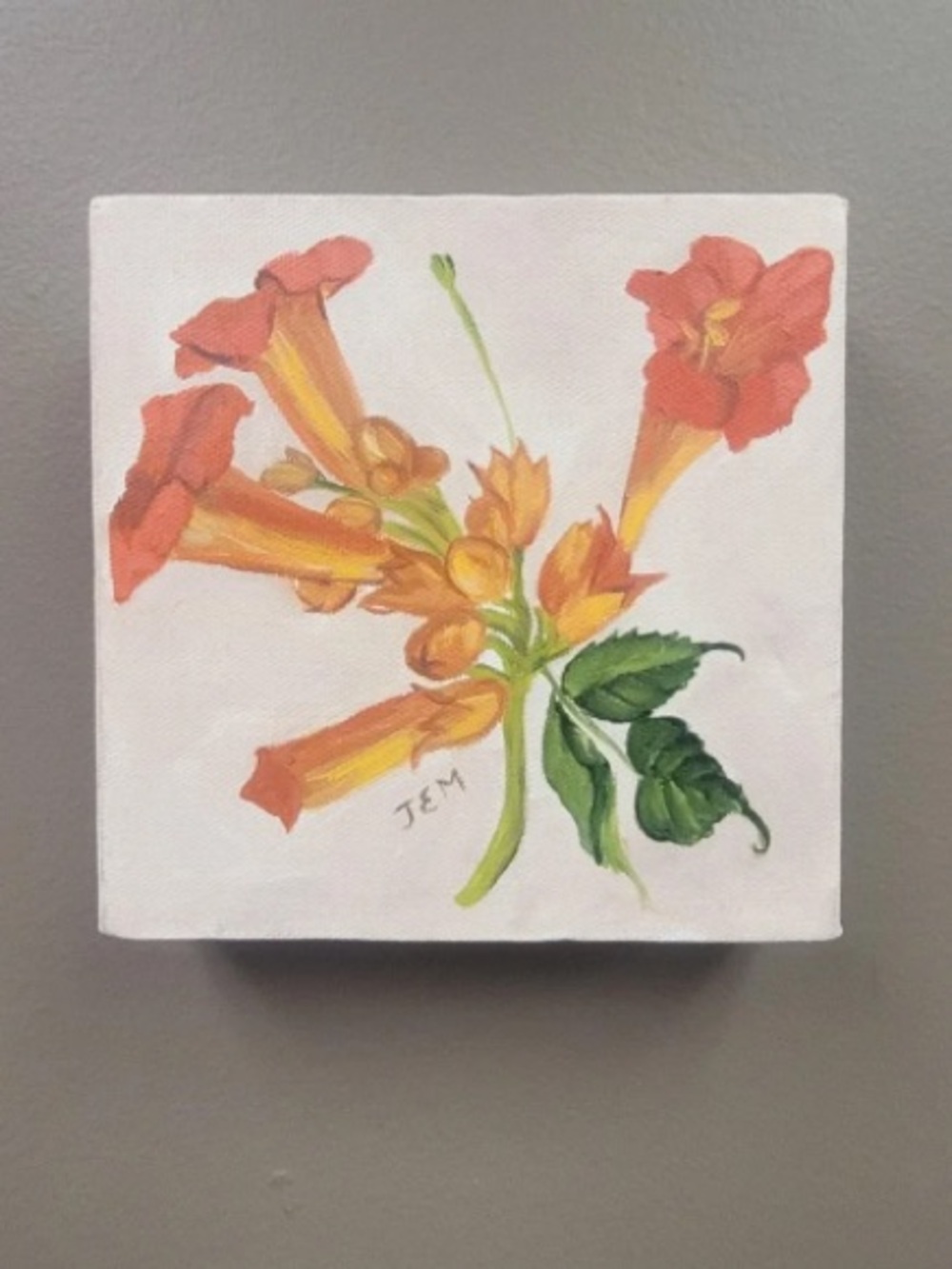 Original Floral Oil Painting Orange Trumpet Vine Flowers Signed JEM 6x6 Canvas